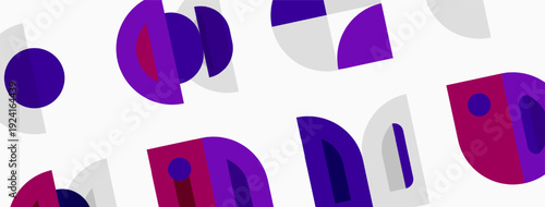 Abstract geometric shapes, purple hues, white background. Minimalist design, playful composition, modern aesthetic. Simple forms create visual interest.