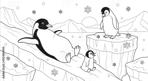 Penguins Illustration with Snowflakes and Icebergs.