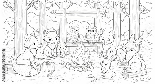 Cartoon Foxes Gathering Around Campfire.