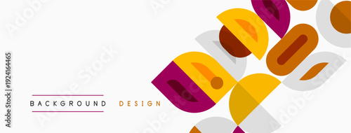 Abstract geometric shapes overlap. Yellow, purple, white colors dominate design. Minimalist style creates modern background.