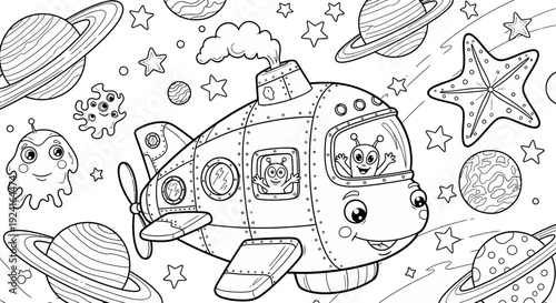Cartoon Spacecraft with Smiling Face and Pilot.