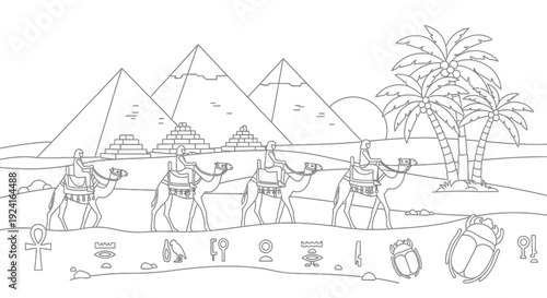 Ancient Egyptian Hieroglyphic Scene with Pyramids.