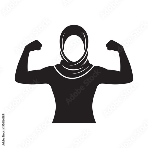 Silhouette of a woman in hijab flexing her biceps showing strength