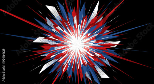 Abstract geometric explosion with red white and blue elements on black background