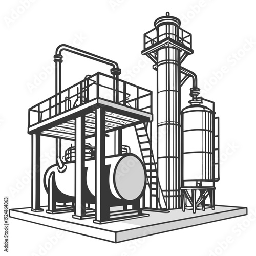Industrial facility with large cylindrical storage tanks and piping