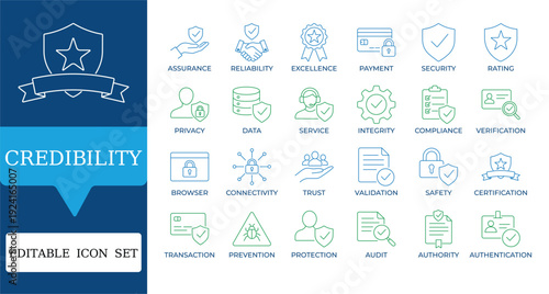 Credibility and Trust Icons. Featuring security, verified identity, data protection, and award symbols. Editable vector set for fintech and secure business apps