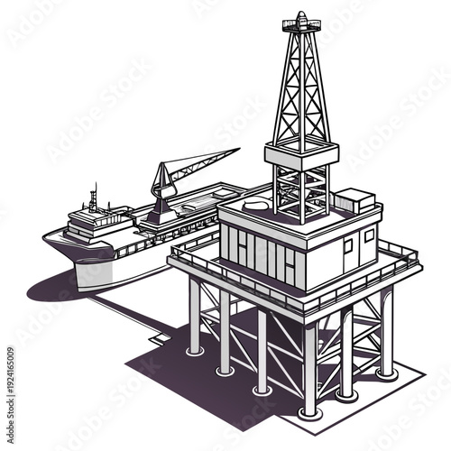 An oil rig in the ocean with a ship nearby