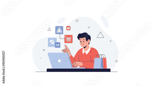 Man using laptop for online shopping with shopping bags and icons