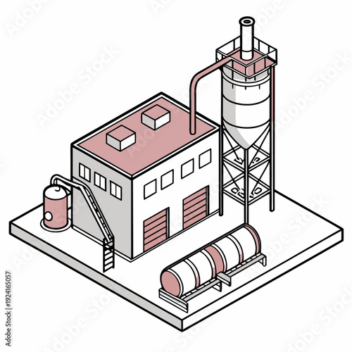Industrial building with a silo and a train car