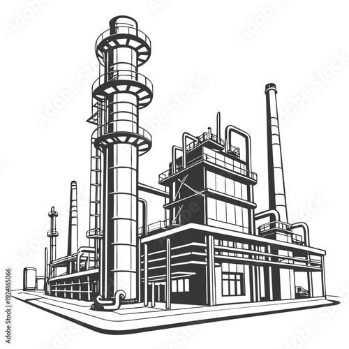 A black and white drawing of an industrial building