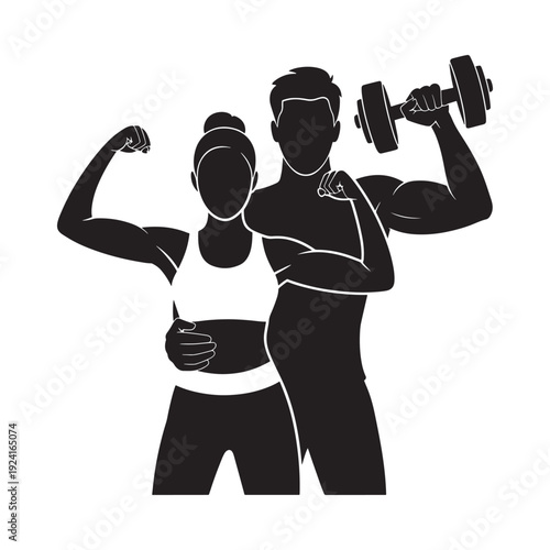 Silhouette of a muscular couple exercising with weights