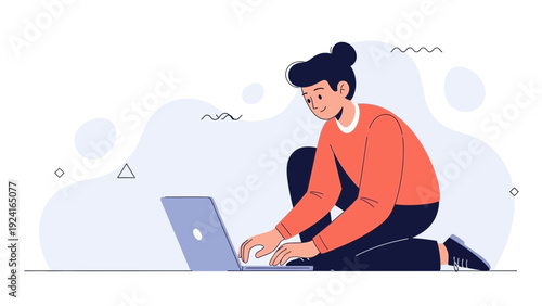 Young person working on laptop, flat design illustration