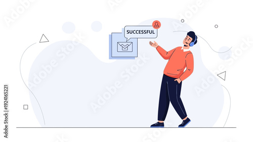 Customer service agent with headset celebrating successful communication and email delivery