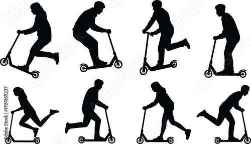 Silhouettes of people riding and performing tricks on scooters in various dynamic poses