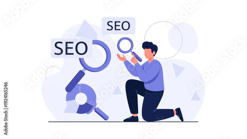 SEO Concept: Man Analyzing Data with Magnifying Glass, Search Engine Optimization