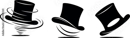 Three black top hat icons with motion lines representing magic, performance, elegance, formal wear, spinning movement,