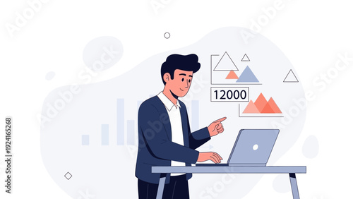 Businessman analyzing data on laptop with charts and graphs