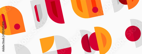 Abstract geometric shapes overlap, creating vibrant pattern. Orange, red, gray tones dominate composition. Minimalist design feels modern, playful.