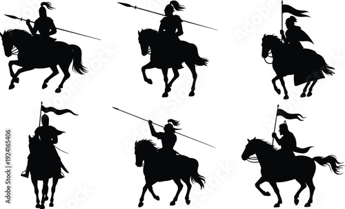 Six black silhouette knights on horseback holding spears and flags in various poses white