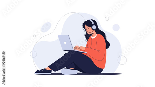 Woman with headset working on laptop, remote work, online communication, flat illustration