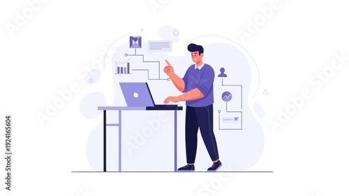 Man working on laptop with data visualization and business icons