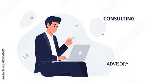 Business Consultant Working on Laptop, Offering Advice and Solutions