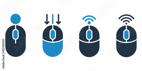 Computer mouse input gestures icon set, vector illustrations isolated on white background, representing cursor actions, click, drag, scroll, pointer commands, user interface interaction, and digital 
