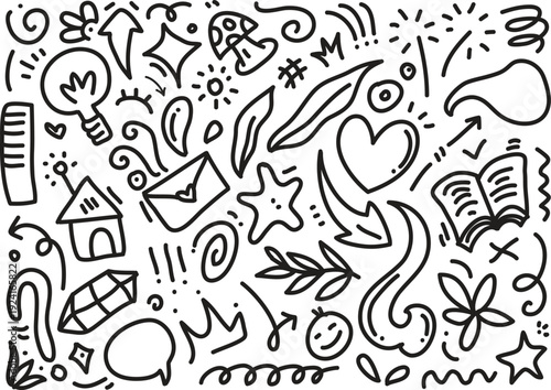 A collection of whimsical hand drawn doodles and symbols