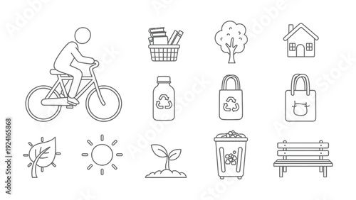 Sustainable Lifestyle Illustration: Collection of illustrated icons representing eco-conscious living, including cycling, recycling, and nature elements.