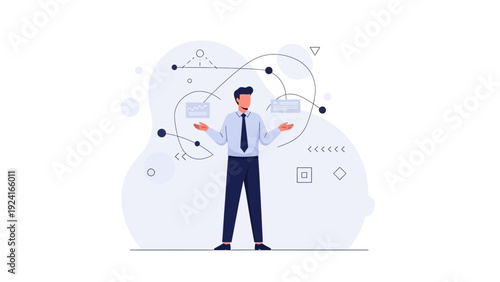 Businessman juggling tasks and ideas on a flowchart, illustration