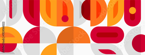 Abstract geometric pattern. Overlapping shapes create vibrant midcentury modern aesthetic. Warm colors dominate design.