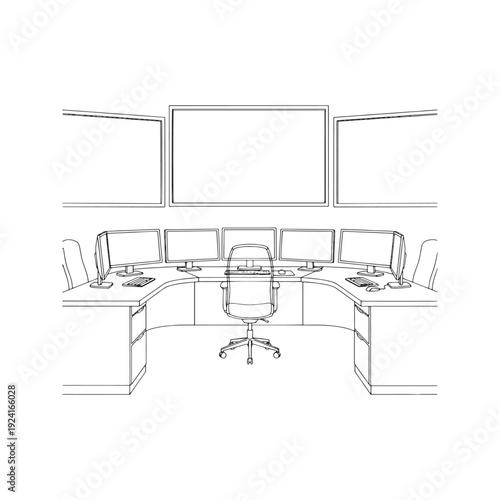 Control Room Surveillance Center Office Interior Sketch Coloring Page Vector Illustration
