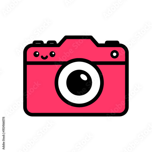 Cute pink cartoon camera with a happy face illustration.