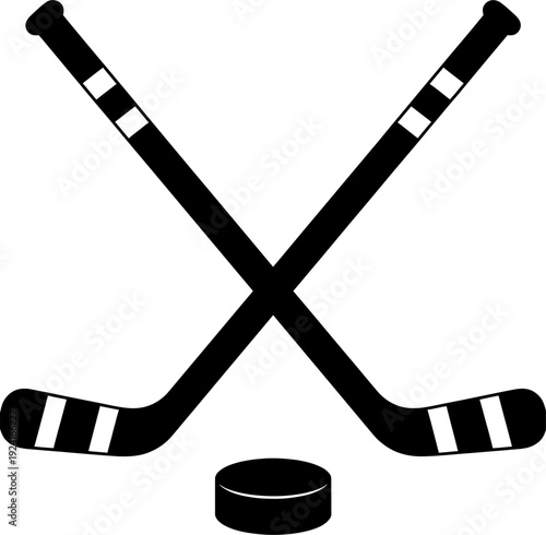 Crossed hockey sticks with puck, ice hockey equipment emblem, sports team logo design, winter sport symbol monochrome clipart