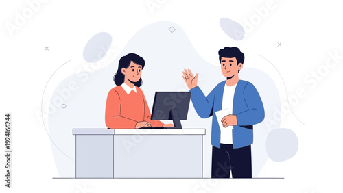 Customer Service Interaction: Woman at Computer and Man Waving