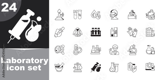 Laboratory and biotechnology thin line icon set featuring botany, chemistry, medicine, and scientific research symbols