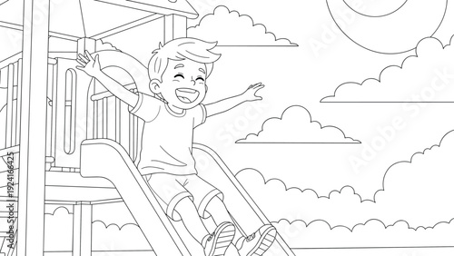 Black and white line art of a joyful young boy sliding down a slide at a playground with his arms raised in excitement.