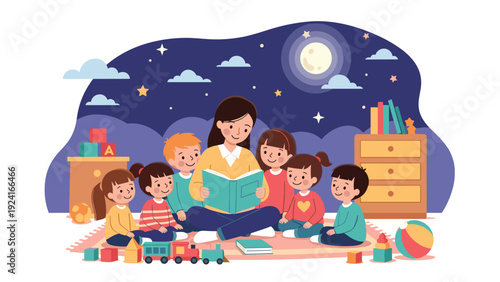Kind teacher sitting on the floor and reading an interesting storybook to a group of attentive children in a cozy room at night.