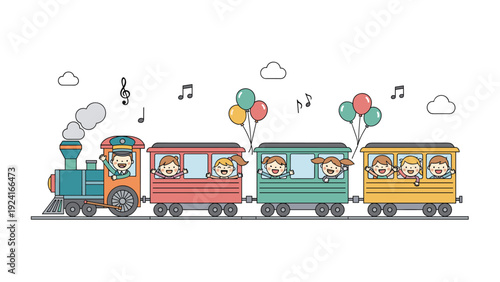 Group of happy children waving from the windows of a colorful toy steam train driven by a friendly conductor under a musical sky.