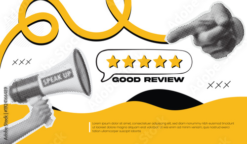 Web banner design featuring a good review rating with a halftone hand and a megaphone on a yellow abstract background