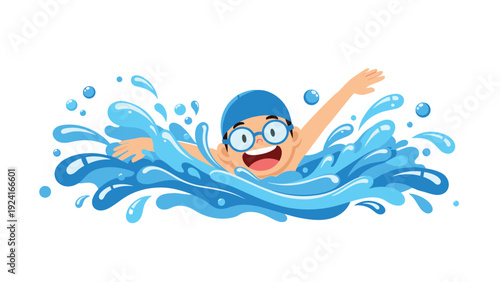 Happy young boy wearing goggles and a blue swim cap swimming and splashing in clean blue water with a big smile on his face.