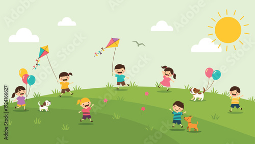 Large group of children and their dogs playing together on a green hill with kites and balloons under a bright summer sun.