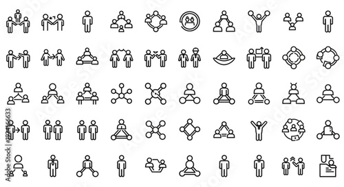 Collection of simple line icons representing people and abstract concepts in a grid layout from a straightforward viewpoint