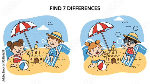 Educational find seven differences puzzle game for children featuring two kids playing with sandcastles on a sunny beach.