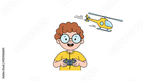 Excited young boy with glasses using a remote control to fly a yellow toy helicopter in the air above him against a white background.