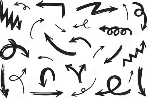 Collection of hand drawn arrows and directional symbols