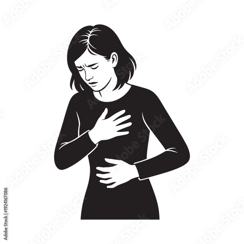Woman experiencing chest pain and discomfort clutching her heart