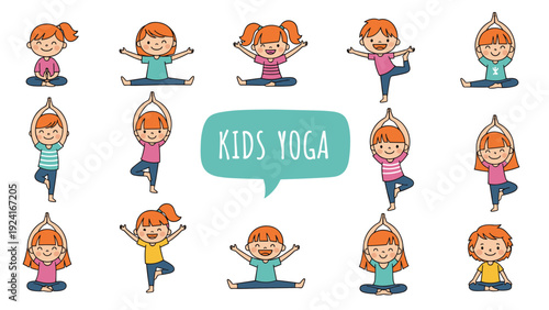 Set of cute children with orange hair performing different yoga and stretching poses on a white background with a kids yoga label.