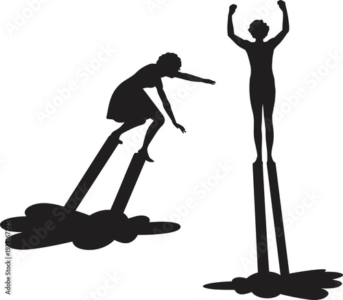 Black vector silhouette set of professional stilt walkers performing with raised arms for circus entertainment street festivals and artistic theater branding, cad drawing flat vector illustration