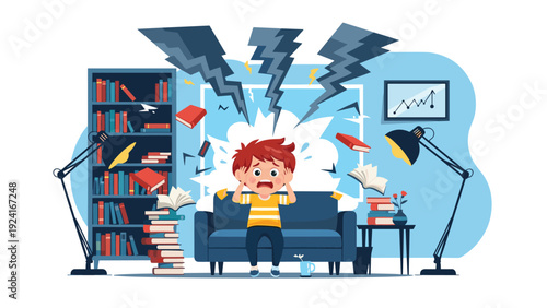 Overwhelmed young boy sitting on a sofa and feeling stressed while surrounded by flying books and piles of study materials.